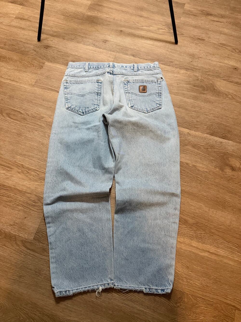 Carhartt Relaxed Fit Light Wash Denim Jeans Men's 34x28 Distressed Hem Workwear